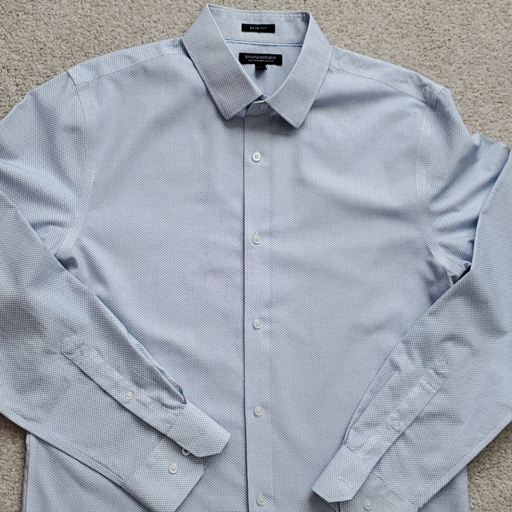 Mens Blue and White Slim Fit Dress Shirt size L